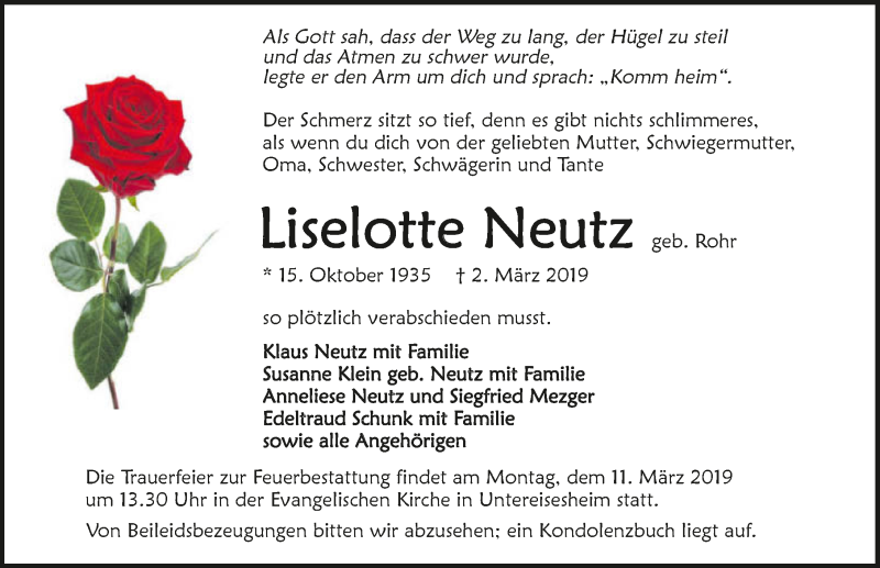  Traueranzeige für Liselotte Neutz vom 05.03.2019 aus 