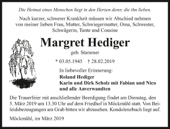 Traueranzeige von Margret Hediger 
