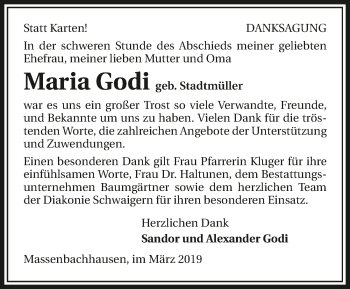 Traueranzeige von Maria Godi 