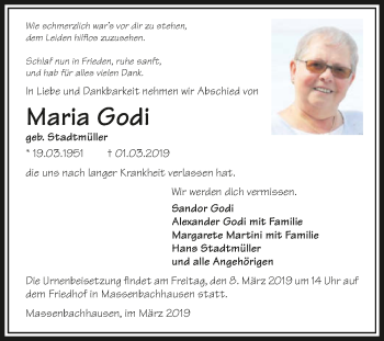 Traueranzeige von Maria Godi 