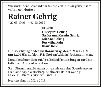 Traueranzeige von Rainer Gehrig 