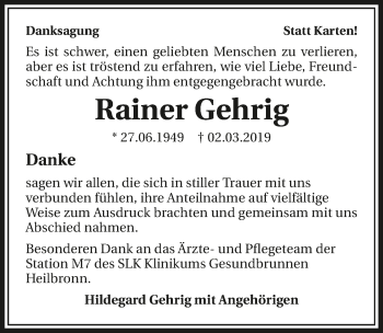 Traueranzeige von Rainer Gehrig 