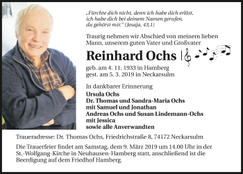 Traueranzeige von Reinhard Ochs 