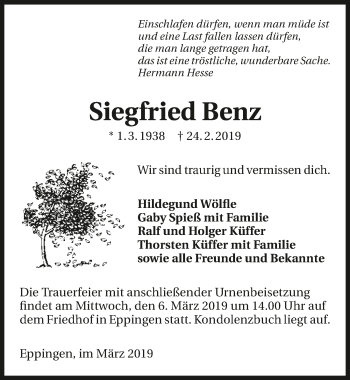 Traueranzeige von Siegfried Benz 