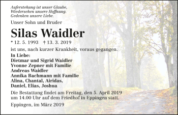 Traueranzeige von Silas Waidler 