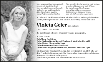 Traueranzeige von Violeta Geier 