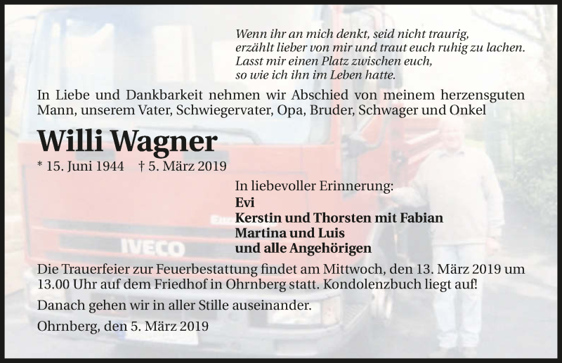  Traueranzeige für Willi Wagner vom 11.03.2019 aus 