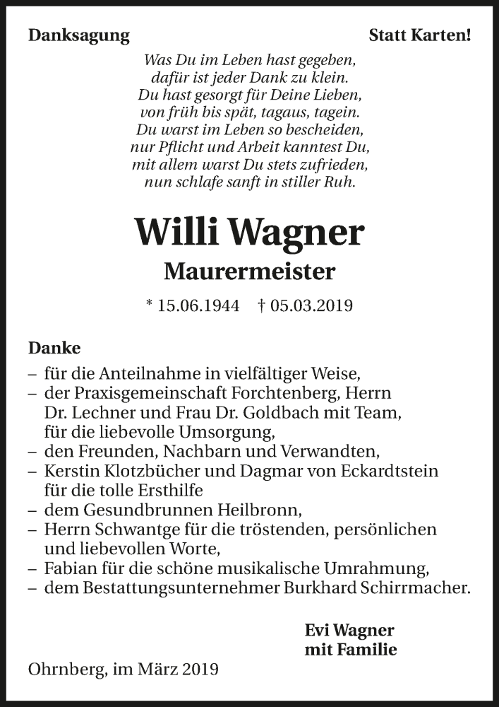  Traueranzeige für Willi Wagner vom 30.03.2019 aus 