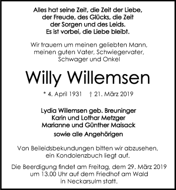 Traueranzeige von Willy Willemsen 