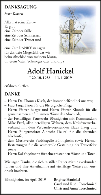 Traueranzeige von Adolf Hanickel 