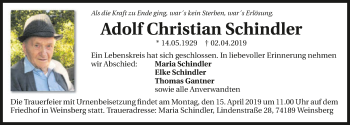 Traueranzeige von Adolf Christian Schindler 