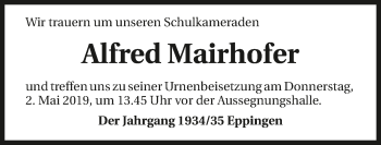 Traueranzeige von Alfred Mairhofer 