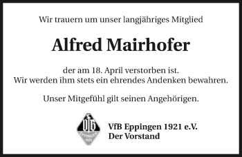 Traueranzeige von Alfred Mairhofer 