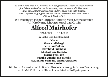 Traueranzeige von Alfred Mairhofer 