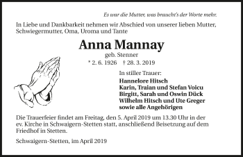 Traueranzeige von Anna Mannay 