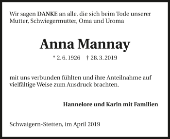 Traueranzeige von Anna Mannay 