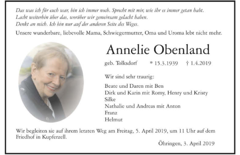  Traueranzeige für Annelie Obenland vom 03.04.2019 aus 