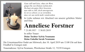 Traueranzeige von Anneliese Forstner 