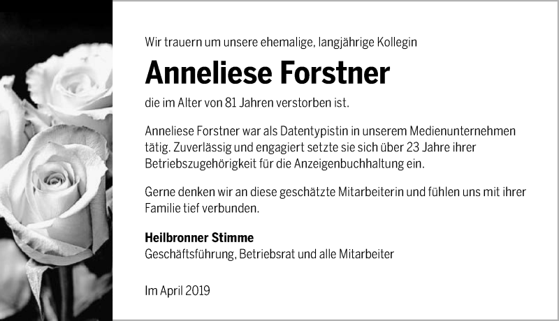  Traueranzeige für Anneliese Forstner vom 04.04.2019 aus 