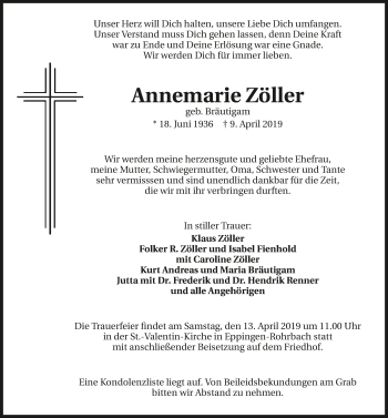 Traueranzeige von Annemarie Zöller 