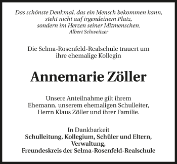 Traueranzeige von Annemarie Zöller 