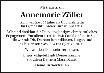 Traueranzeige von Annemarie Zöller 