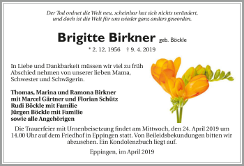 Traueranzeige von Brigitte Birkner 