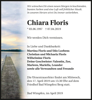 Traueranzeige von Chiara Floris 