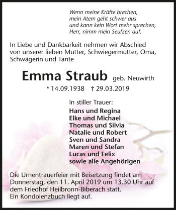 Traueranzeige von Emma Straub 