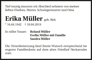 Traueranzeige von Erika Müller 