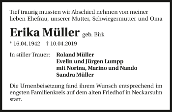 Traueranzeige von Erika Müller 