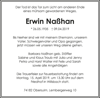 Traueranzeige von Erwin Naßhan 