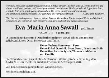 Traueranzeige von Eva-Maria Anna Sawall 