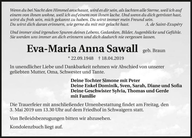  Traueranzeige für Eva-Maria Anna Sawall vom 27.04.2019 aus 