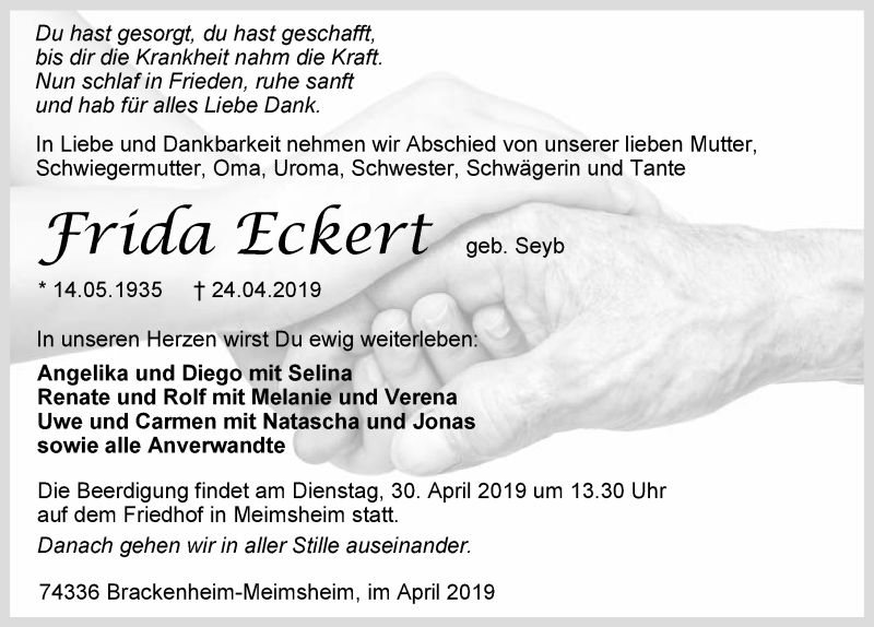  Traueranzeige für Frida Eckert vom 27.04.2019 aus 