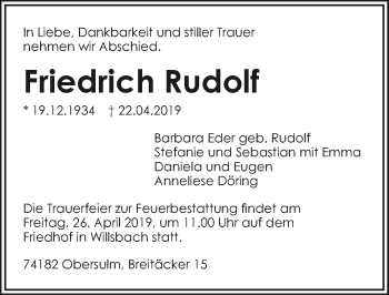 Traueranzeige von Friedrich Rudolf 