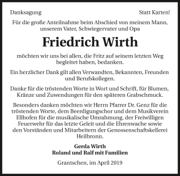 Traueranzeige von Friedrich Wirth 