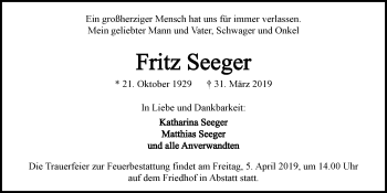 Traueranzeige von Fritz Seeger 