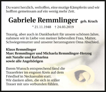 Traueranzeige von Gabriele Remmlinger 