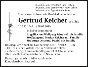 Traueranzeige von Gertrud Keicher 