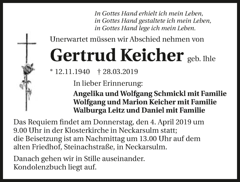  Traueranzeige für Gertrud Keicher vom 02.04.2019 aus 