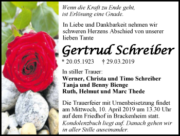 Traueranzeige von Gertrud Schreiber 