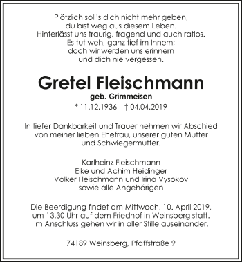 Traueranzeige von Gretel Fleischmann 