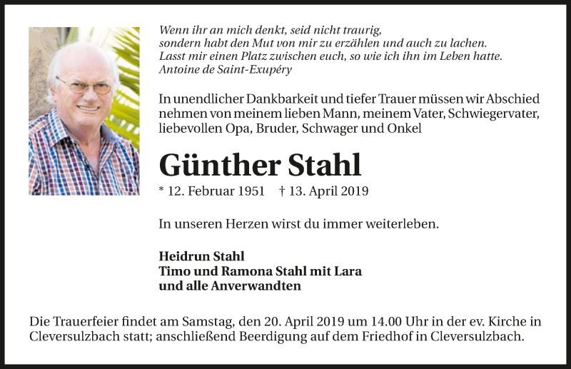  Traueranzeige für Günther Stahl vom 17.04.2019 aus 