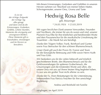 Traueranzeige von Hedwig Rosa Belle 