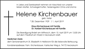 Traueranzeige von Helene Kirchenbauer 