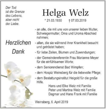 Traueranzeige von Helga Welz 