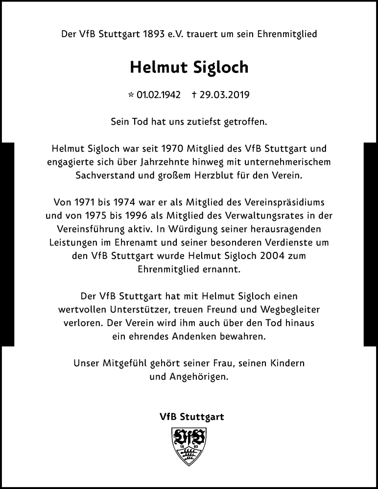  Traueranzeige für Helmut Sigloch vom 03.04.2019 aus 
