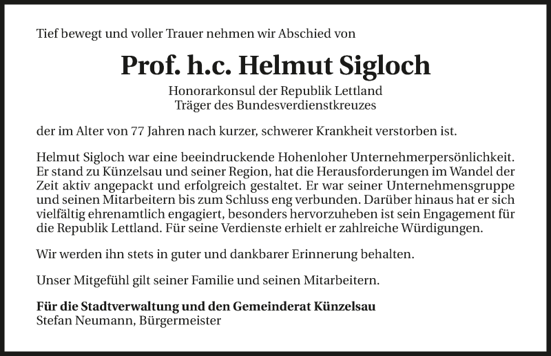  Traueranzeige für Helmut Sigloch vom 02.04.2019 aus 