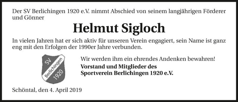  Traueranzeige für Helmut Sigloch vom 04.04.2019 aus 